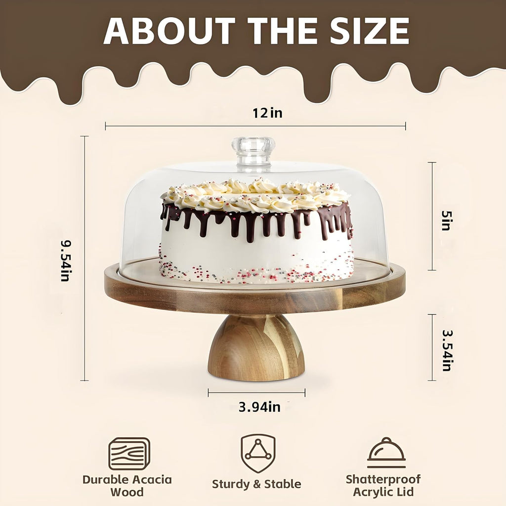 Acacia Wood Cake Stand with Acrylic Dome Lid,12 inch Round Dessert Table Display Set,2-In-1 Cake Plate with Cover