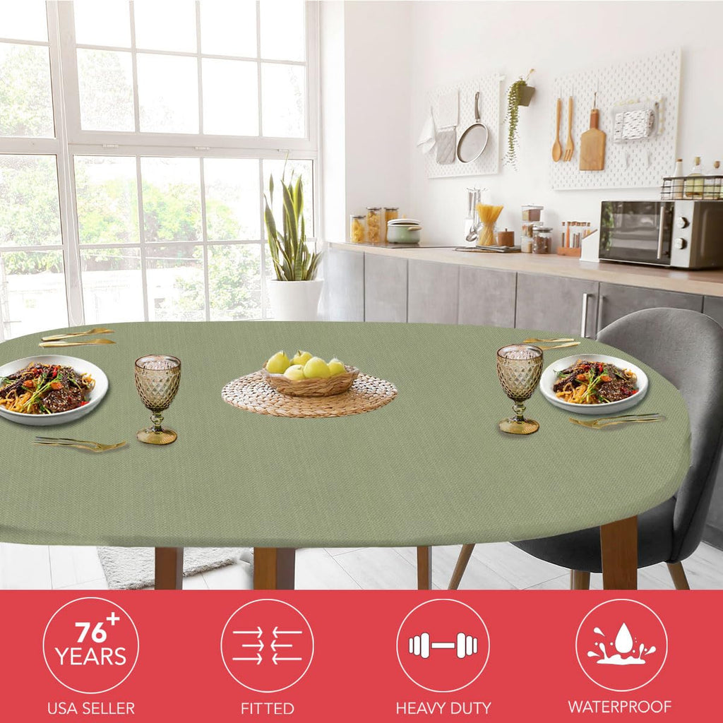 Flannel Backed Vinyl Fitted Tablecloth Oval Green