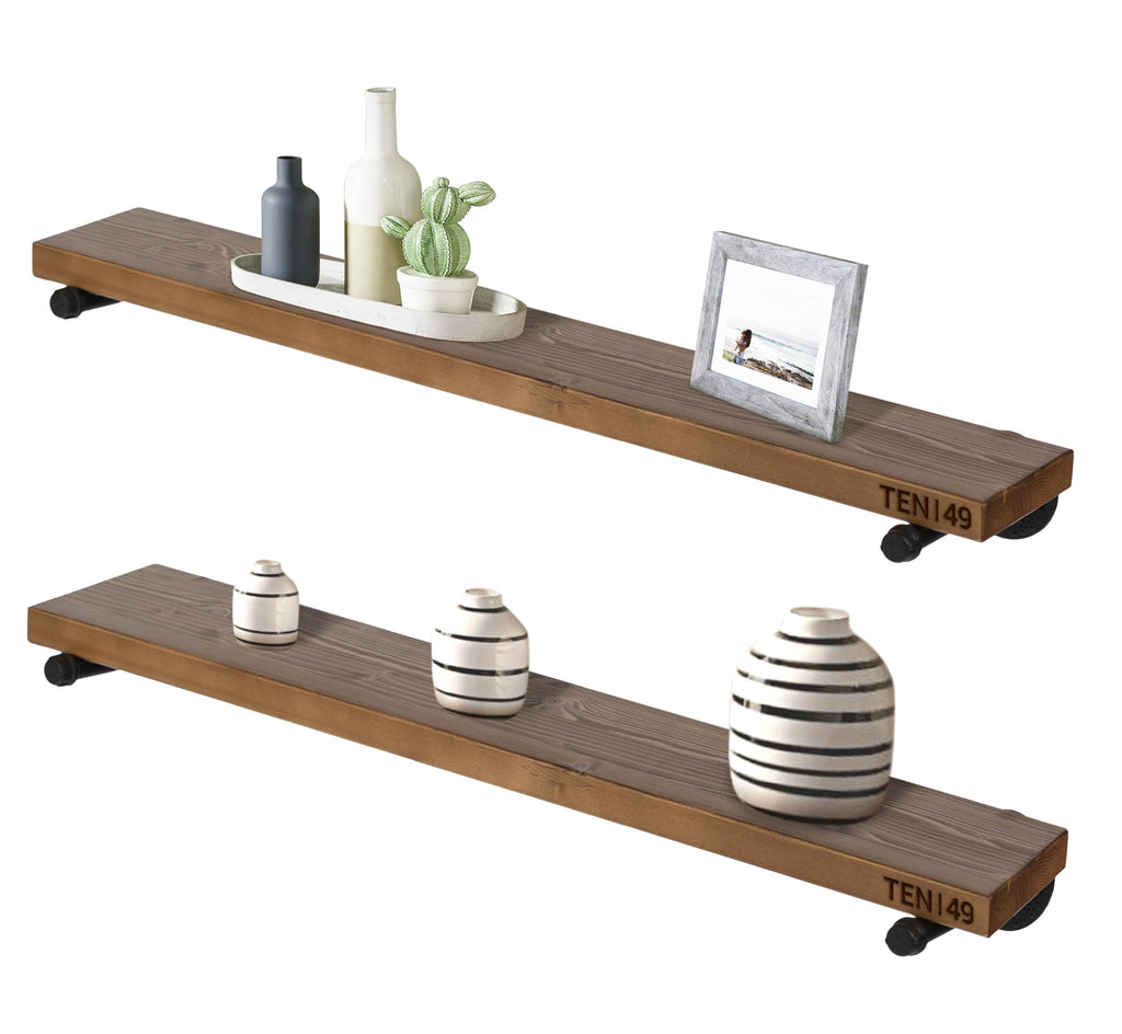 Industrial Pipe Wood Wall Shelf - 36" Espresso Real Wooden Shelving - Modern Interior Decor Floating Shelves w/Iron
