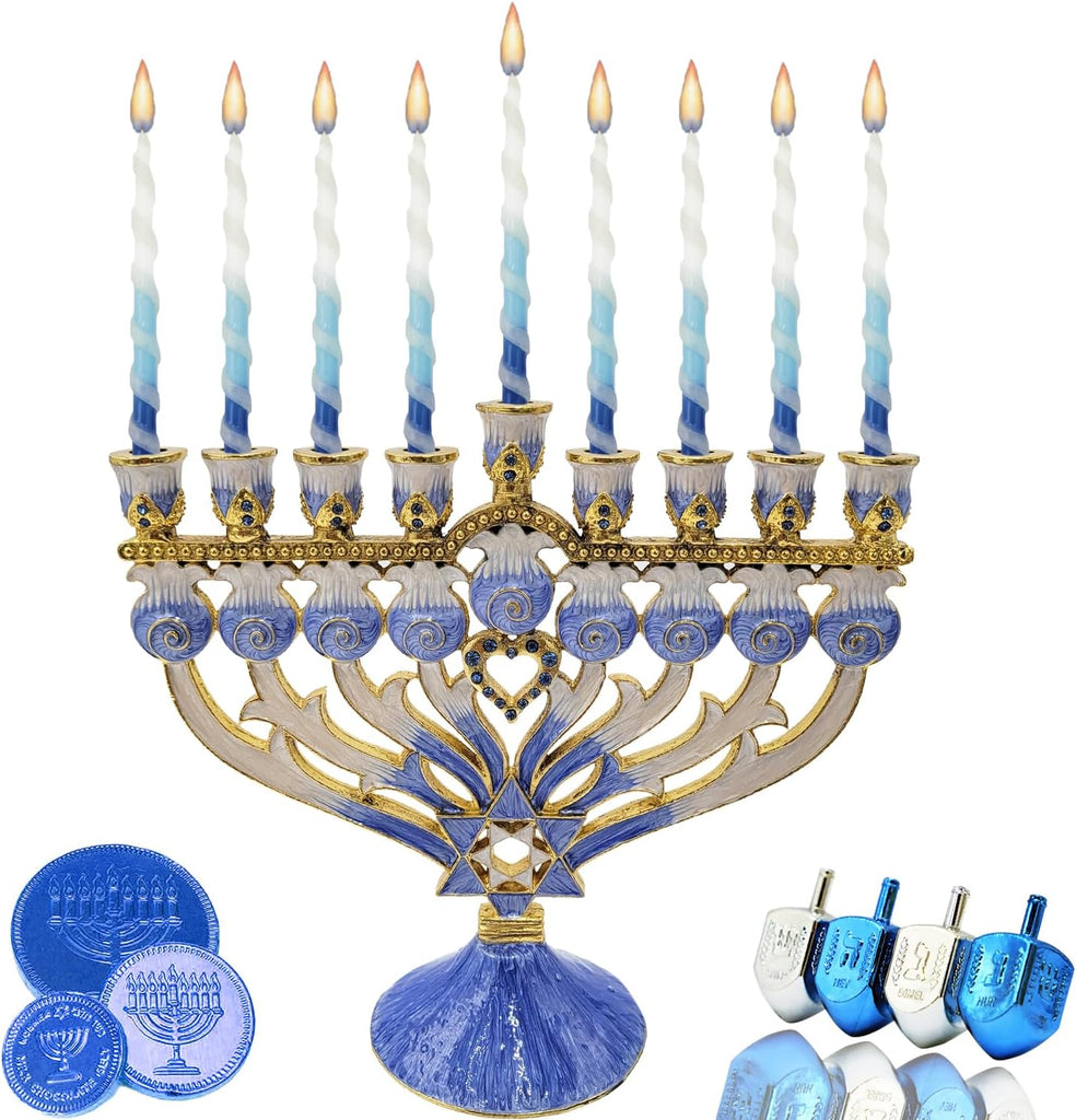 Hanukkah Enamel Magen David & Heart Design, Hand-Painted Enameled Metal