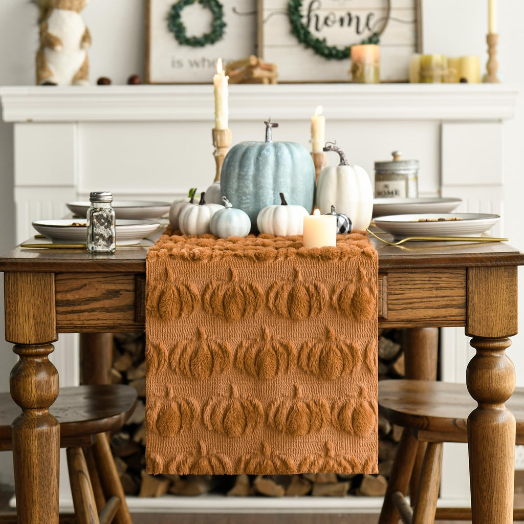 Caramel Soft Faux Fur Pumpkins Fall Table Runner 13x72 Inch
