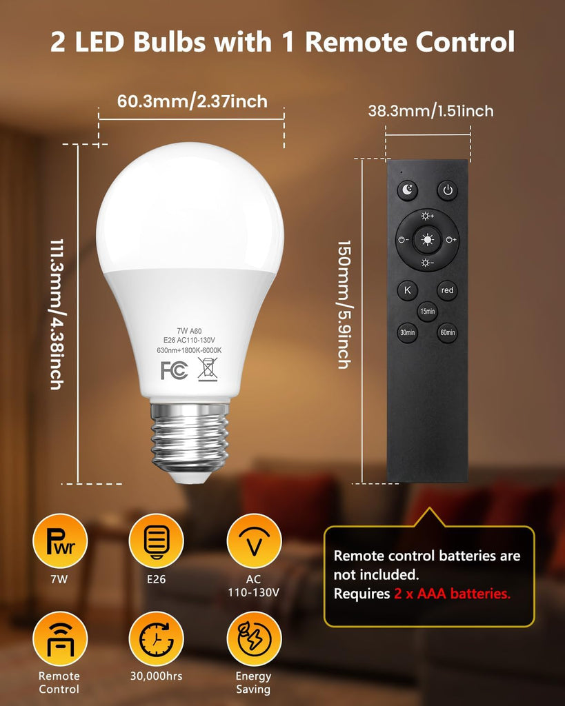 E26 LED Red Light Bulbs For Sleep With Remote Control, Blue Light Blocking Bulb, 630nm+1800k- 6000k Dimmable Screw