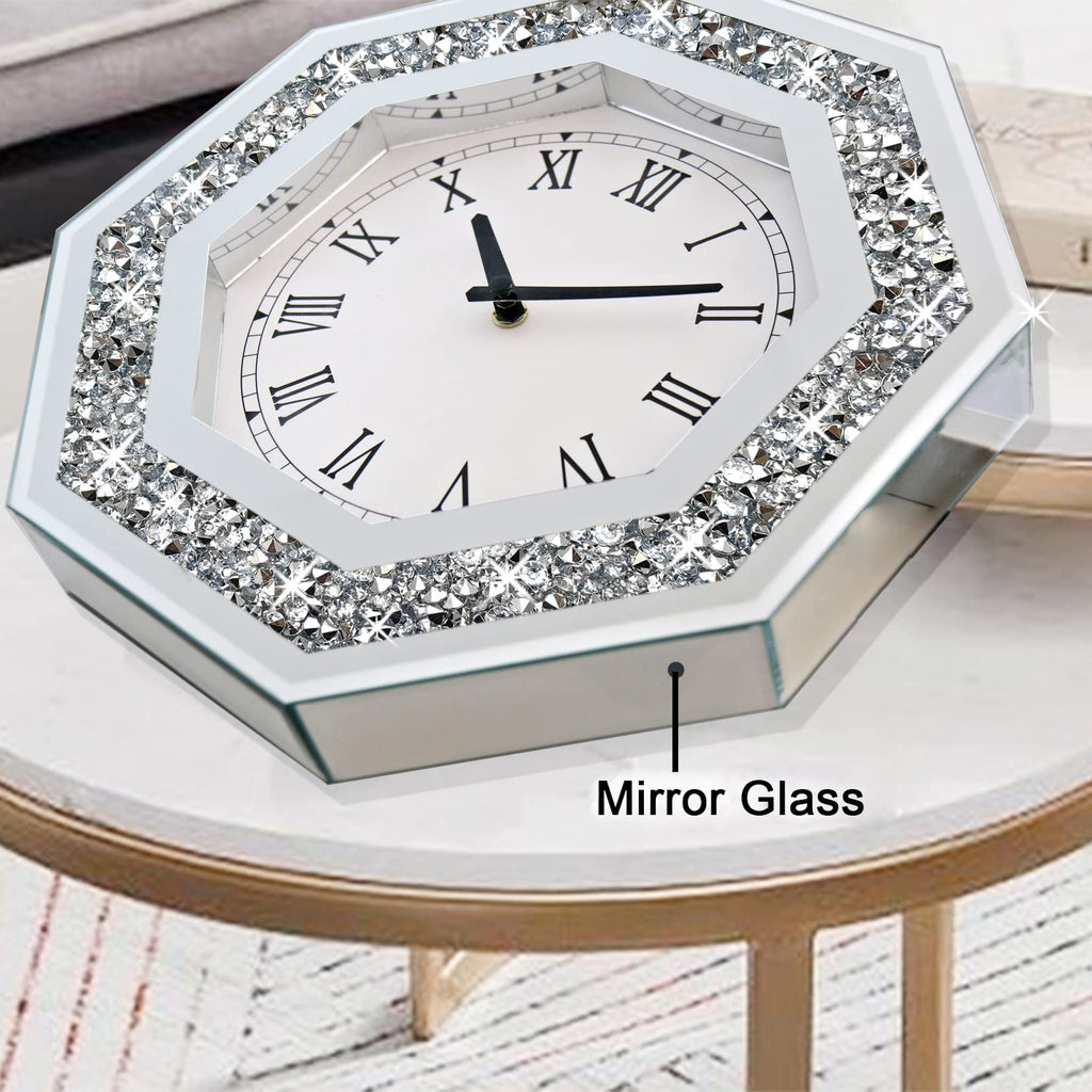 Wall Clock, Octagon Mirror Glass Clock, Cute Diamond 20-inch Non-Ticking Clock for Wall Décor, Perfect Home Decor
