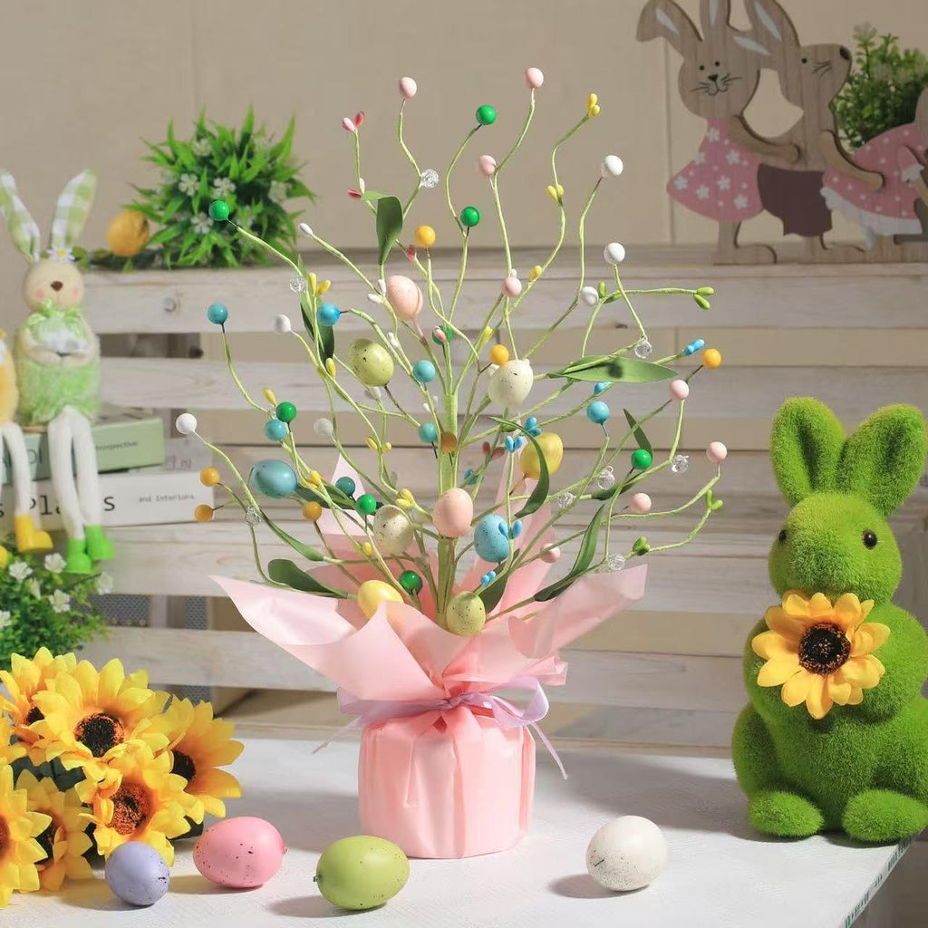 Easter Egg Tree Table Decor, 16.53 Inch Pre-Lit Artificial Easter Tree with Pastel Eggs & Berries, Spring Centerpiece