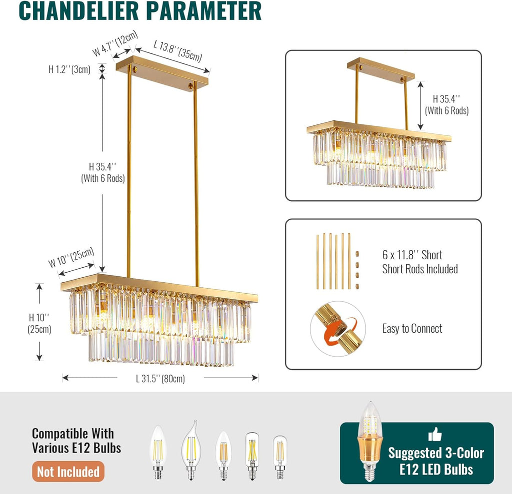 Inspired Odeon Style 8-Light Gold Rectangular Raindrop Crystal 2-Tier Chandelier L31.5" x W10" x H10" - A107-B0BZHZ9STK