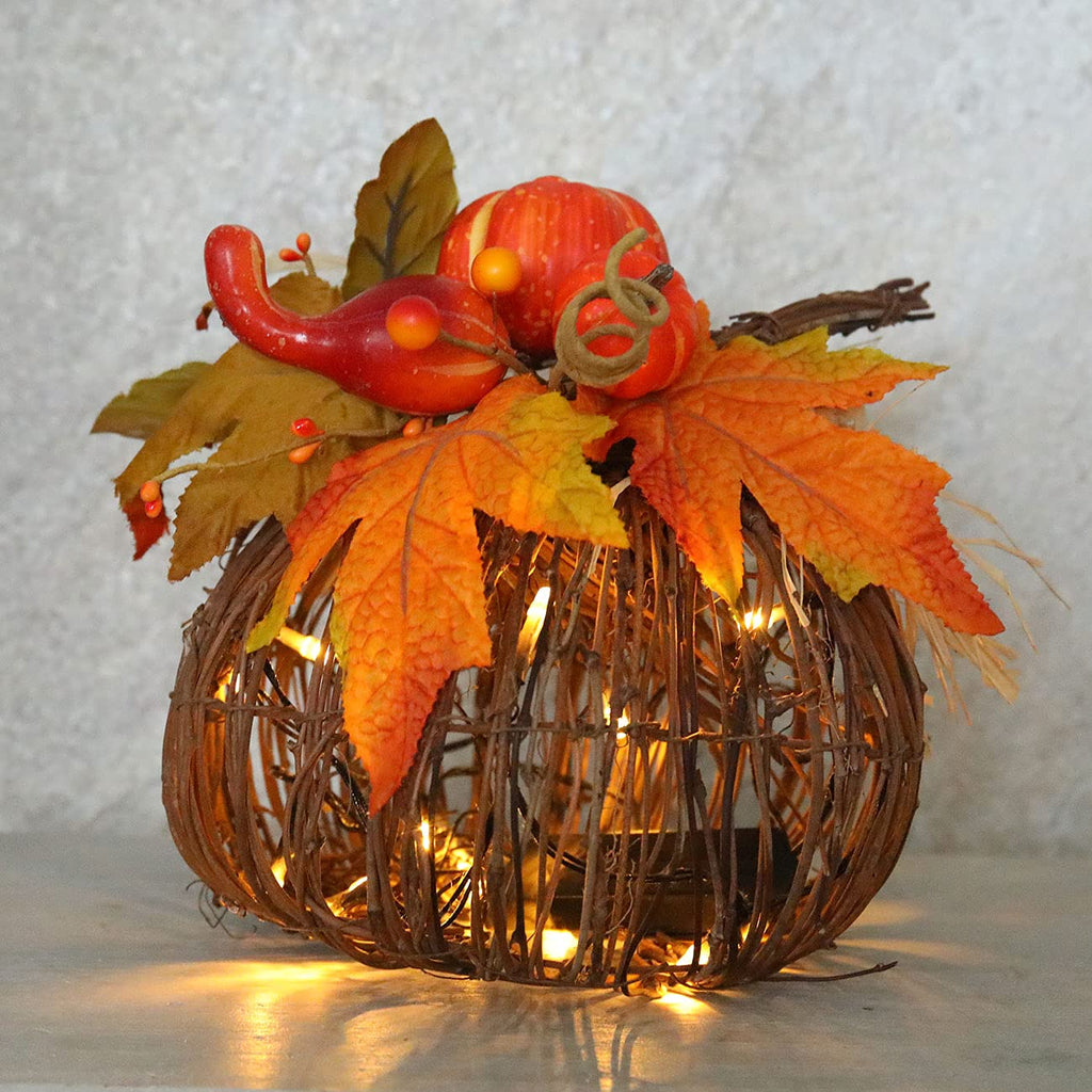 8 Inch Lighted Pumpkin Fall Decor - LED Thanksgiving Decoration with Maple Leaves, Berries, and Pumpkin, Autumn