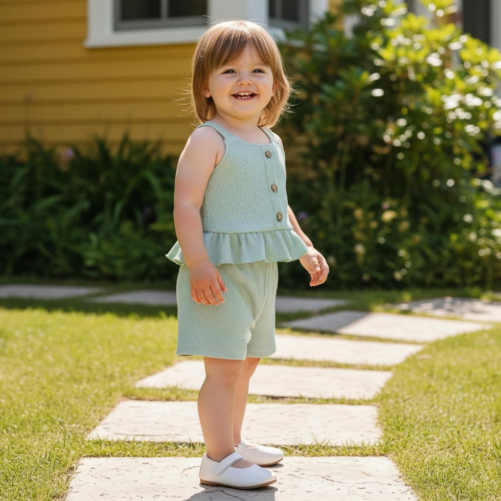 Toddler Baby Girl Summer Outfits Solid Color Waffle Sleeveless Ruffle Tank Tops Shorts Set Cute Infant Clothes