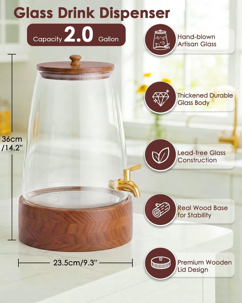 2 Gallon Glass Drink Dispenser with Spigot, Beverage Dispenser with Stand