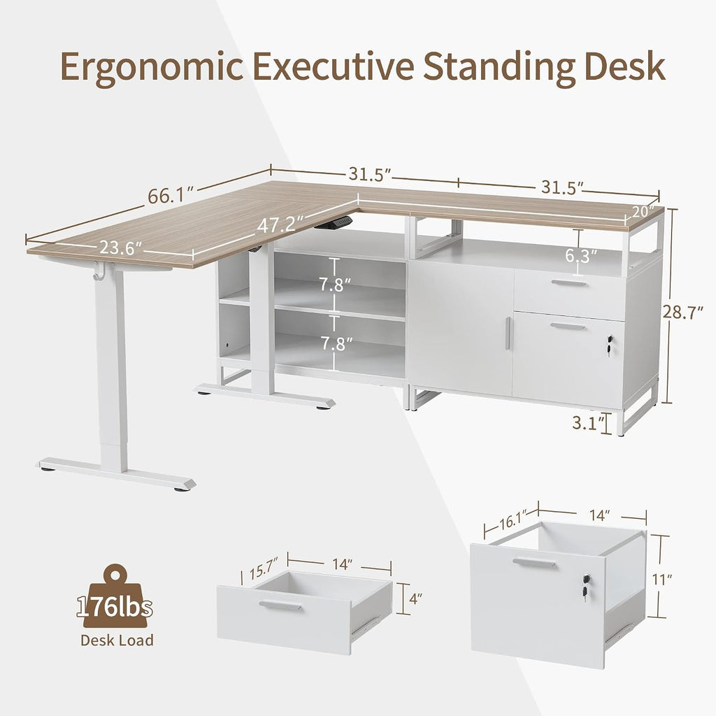 Electric L Shaped Standing Desk with Storage, Executive Desk Adjustable Height, Light Walnut
