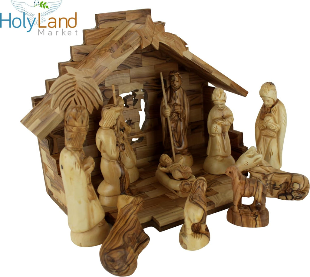 Land Market Olive Wood Nativity Set 12 Piece Bethlehem Indoor