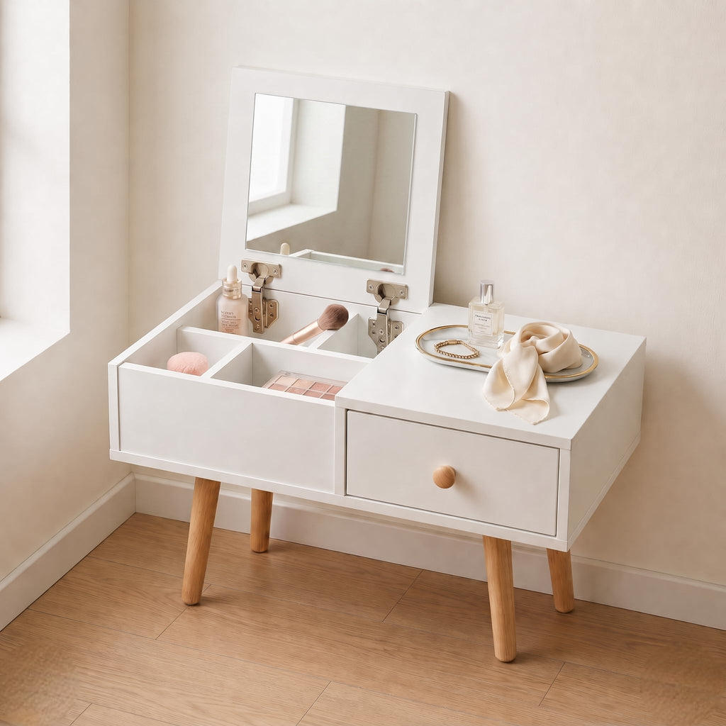 2-in-1 Floor Makeup Vanity & Nightstand - Modern Low-Profile Dressing Table with Solid Wood Legs - Compact Bedroom