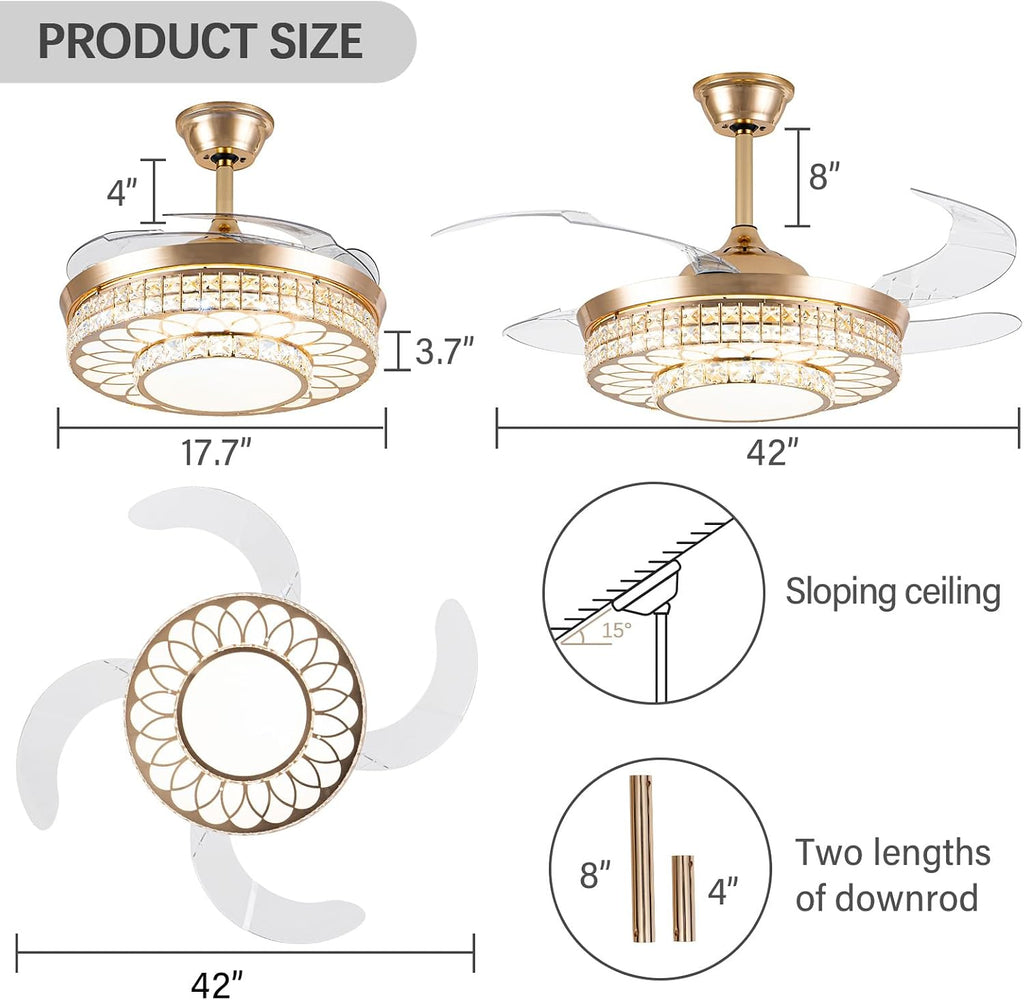 42" Retractable Ceiling Fans with Lights, Crystal Chandelier Ceiling Fan with Remote & APP Control, Modern Dimmable