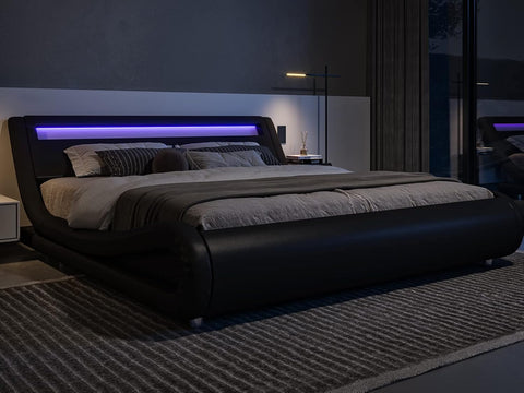 Queen LED Platform Bed Frame with Adjustable Headboard/No Box Spring Need/Easy Assembly/Faux Leather in Black