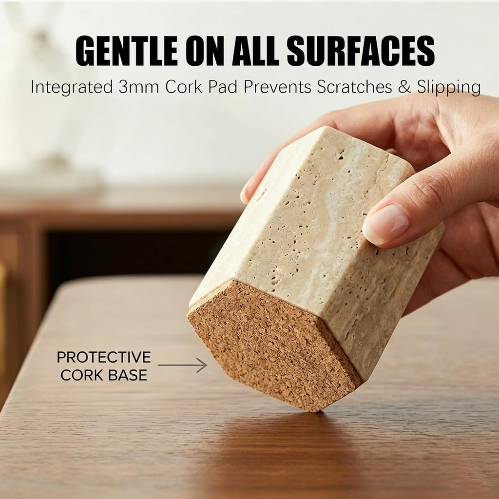 Hexagonal Travertine Match Holder with Striker, Large 3.2" x 2.6" Luxury Natural Stone Matches Jar with Cork Base