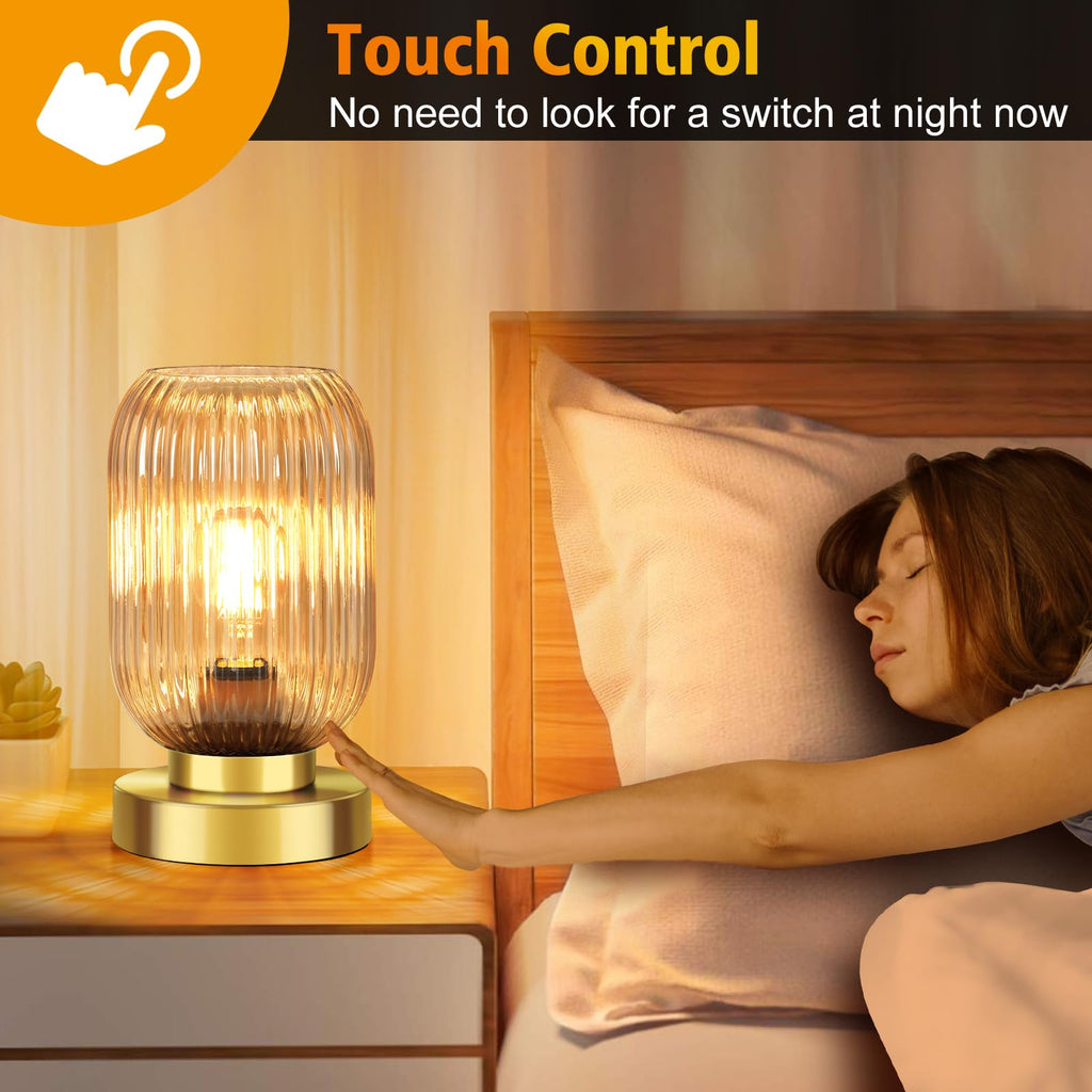 Mid Century Modern Table Lamp with Amber Ribbed Glass Shade, Touch Control & 3 Way Dimmable, Small Gold, Vintage