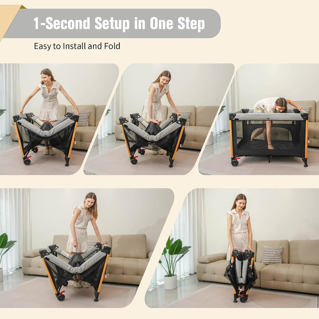 Bassinet 5 in 1 Pack and Play,Baby Crib Portable,Beside Sleeper,Black | One-Second &One-Hand Setup,Playard Adjustable