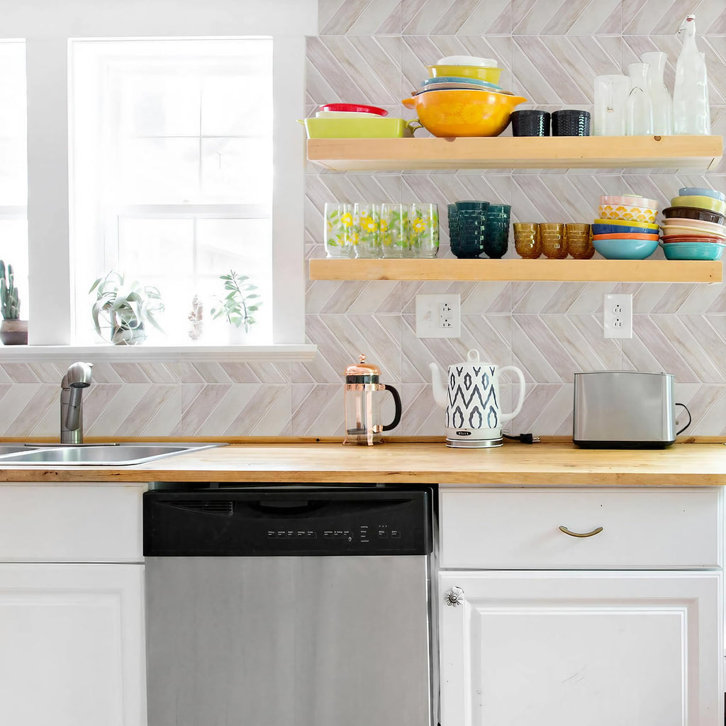 Herringbone Peel and Stick Backsplash, Blush Beige Wood, 10 Sheets
