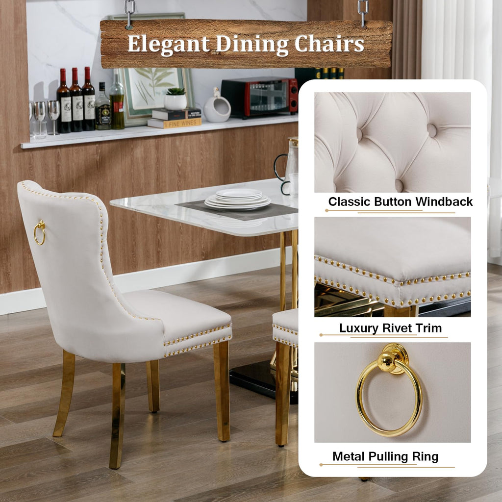 47.2" Round Dining Table Set for 6, White Faux Marble Kitchen Table & 6 Beige Velvet Chairs with Gold Stainless Steel