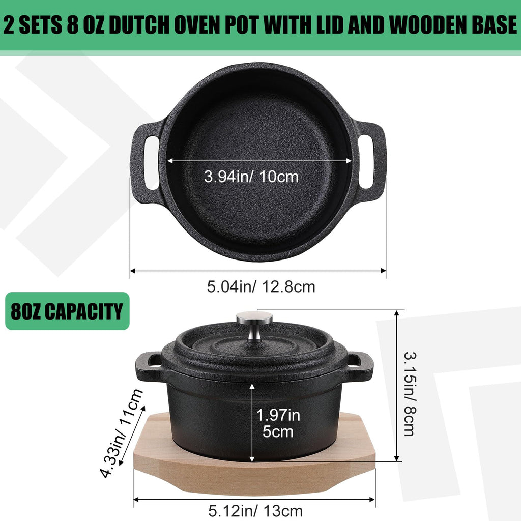 2 Sets 8 oz Dutch Oven Pot with Lid, Mini Cast Iron Pot
