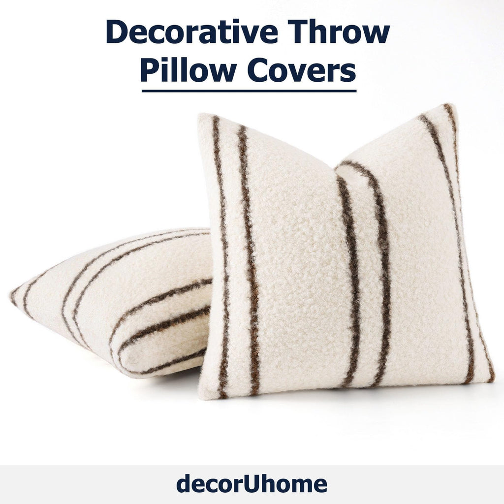 Faux Fur Striped Throw Pillow Covers 16X16 Set of 2 Ivory