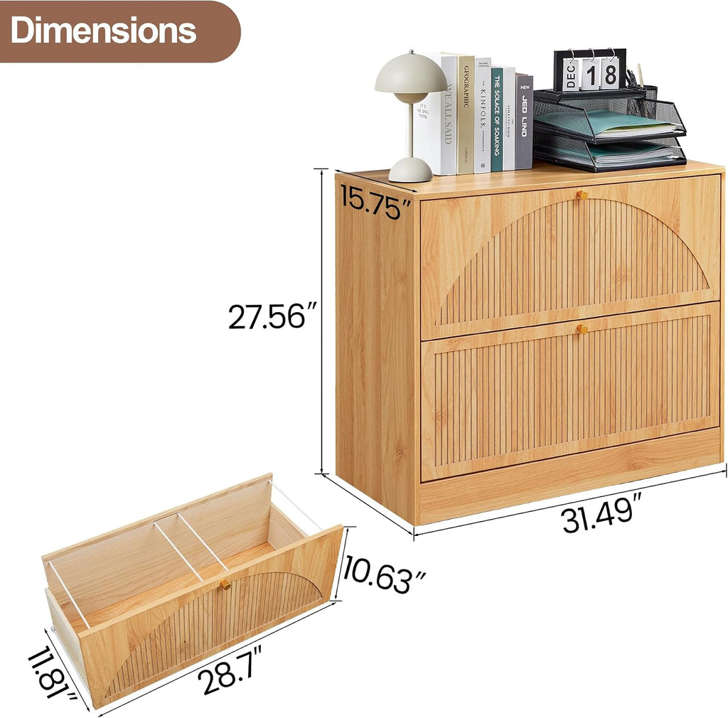 Fluted 2 Drawer Office Lateral File Cabinet | Mid-Century Modern, Hanging Rod, A4/Legal/Letter, Ultra-deep Drawers