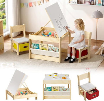 Kids Table and 2 Chairs Set, Wooden Toddler Activity Table with Adjustable Drawing Tabletop, Safety Hinges, Storage