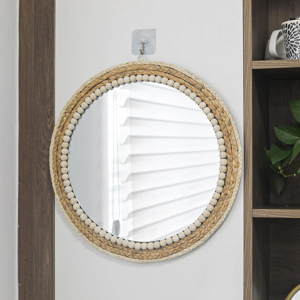 18 Inch Boho Round Hanging Wall Mirror Decorative Rattan Circle Mirrors for Farmhouse, Living Room, Bedroom