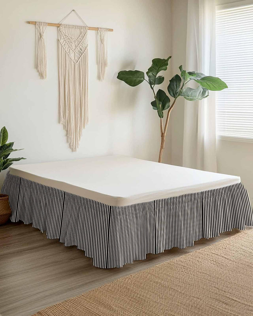 Bed Skirt Black Stripes Bedskirt 18 Inch Drop Linen Classic Vertical Striped Elastic Wrap Around Bed Skirts Dust