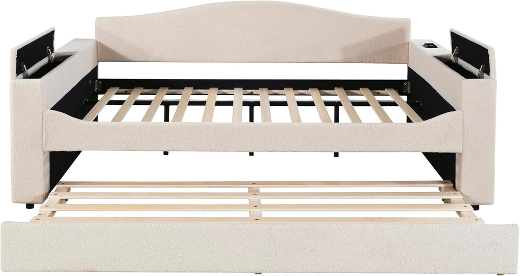 Full Size Upholstered Daybed with Trundle and Storage Armrests,Trundle-Bed with Integrated Bluetooth Audio System