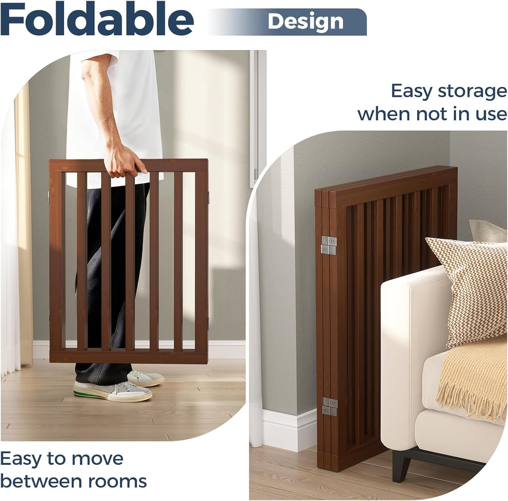 Dog Gate Indoor, Bamboo Freestanding Pet Gate, 24"H, Walnut