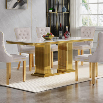 68" Faux Marble White Gold Dining Table for 6, Modern Dining Room Table with 0.71" Marble Printing MDF Top and Dual