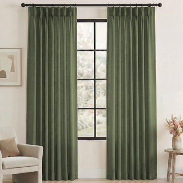 Pinch Pleated Faux Linen Curtains 90" Olive Light Filtering Drapes | Memory Shape, Jacquard Texture, Enhanced Privacy