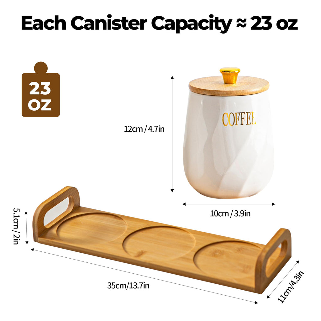 Ceramic Canister Set of 3 for Sugar Coffee Tea with Tray, White Airtight Food Storage Jars with Wood Lids, Kitchen