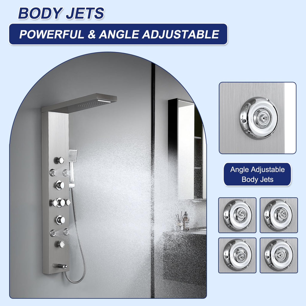 6 in 1 Rainfall Waterfall Shower Panel Tower System, Brushed