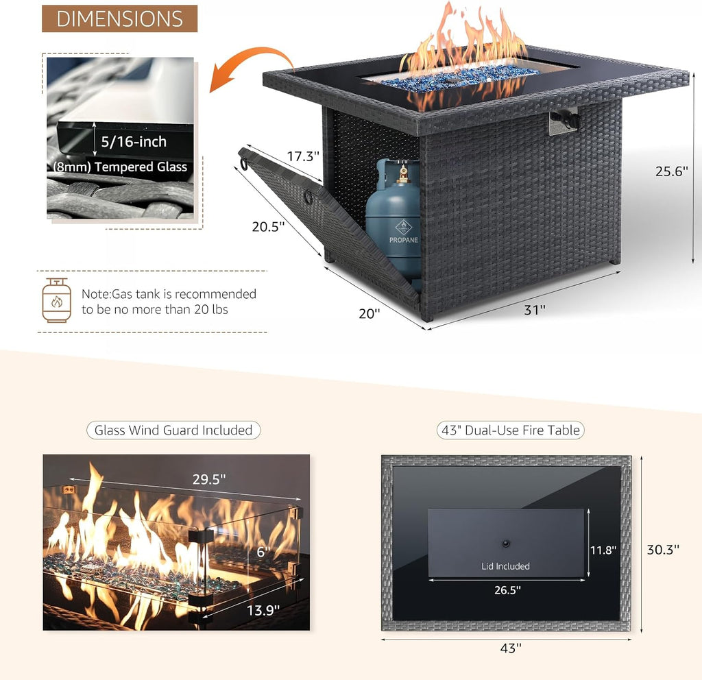 Wicker Propane Fire Pit Table, 60000 BTU Large Natural Gas Firepit Tables, 43'' Rectangle CSA Fireplaces for Deck
