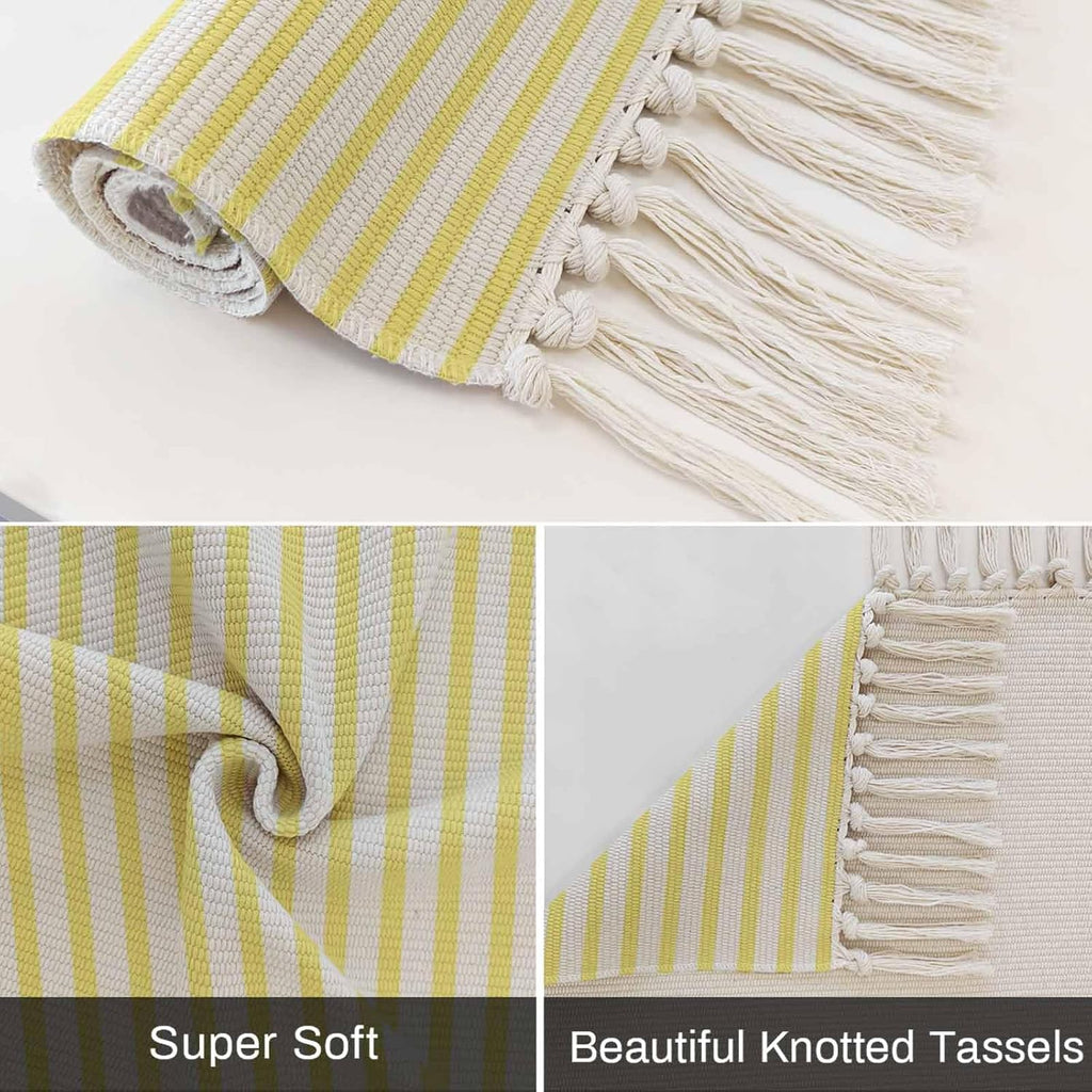 Minimalist Lemon Yellow Striped Runner Rug with Tassel Modern Art Vertical Line Print Entryway Rugs Washable