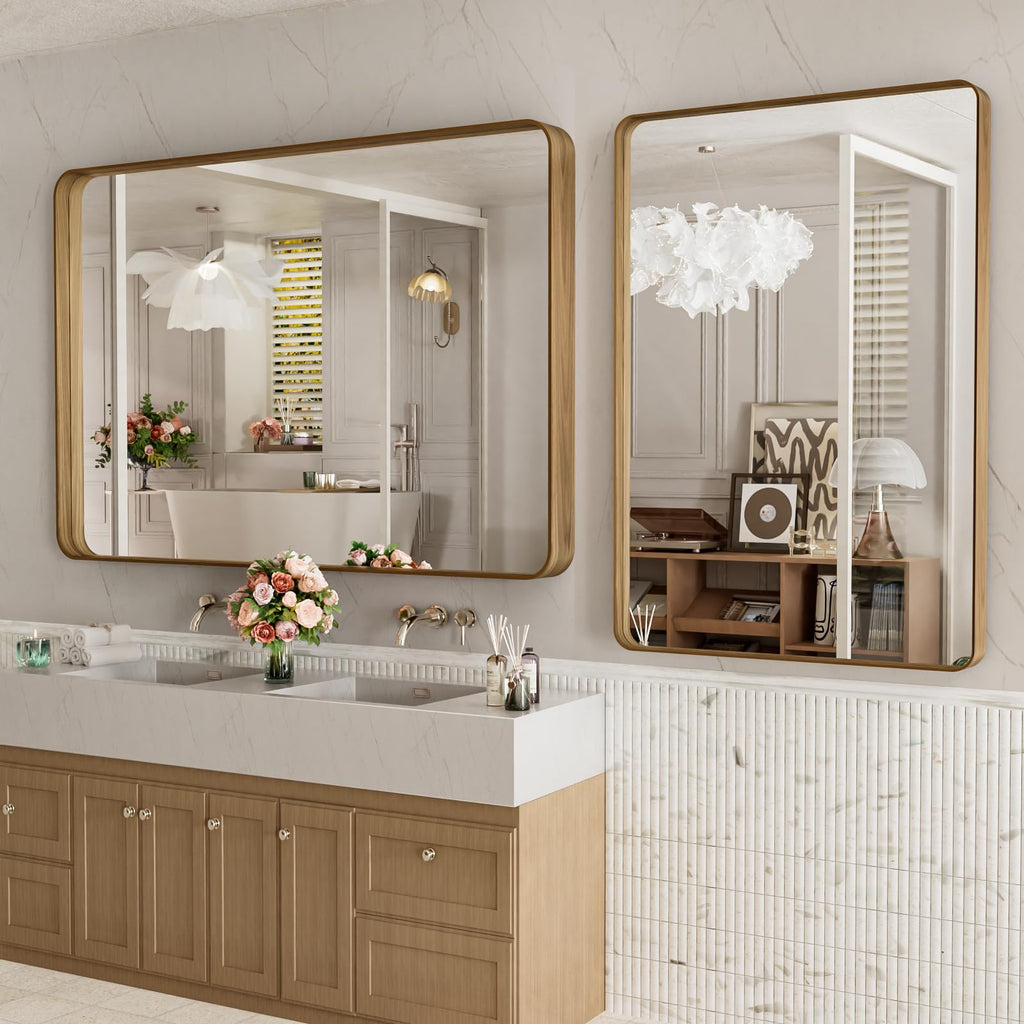 48X30 Inch Bathroom Mirror with Wood Grain Colored Metal Frame