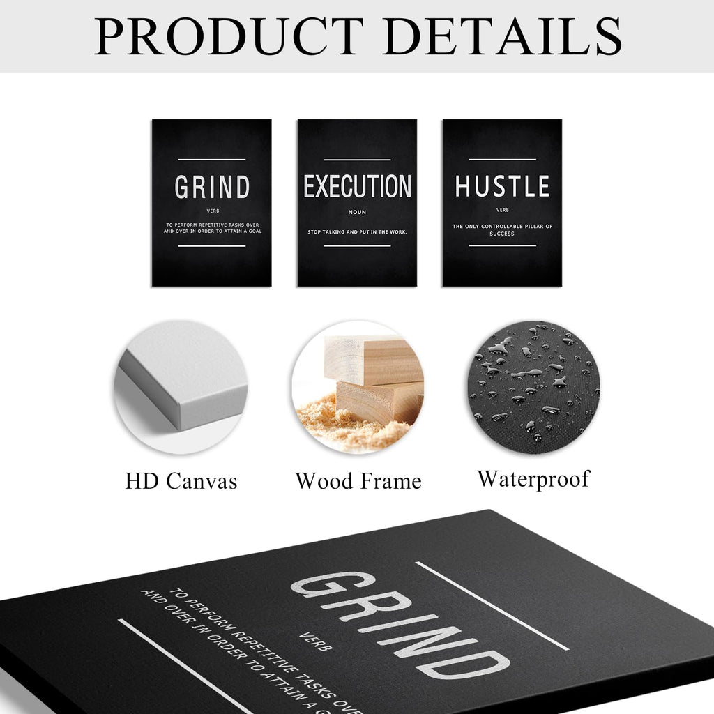 Motivational Wall Decor Grind Hustle Execution Wall Art Office Wall Decor Posters for Men 3 Pieces Framed Canvas Wall