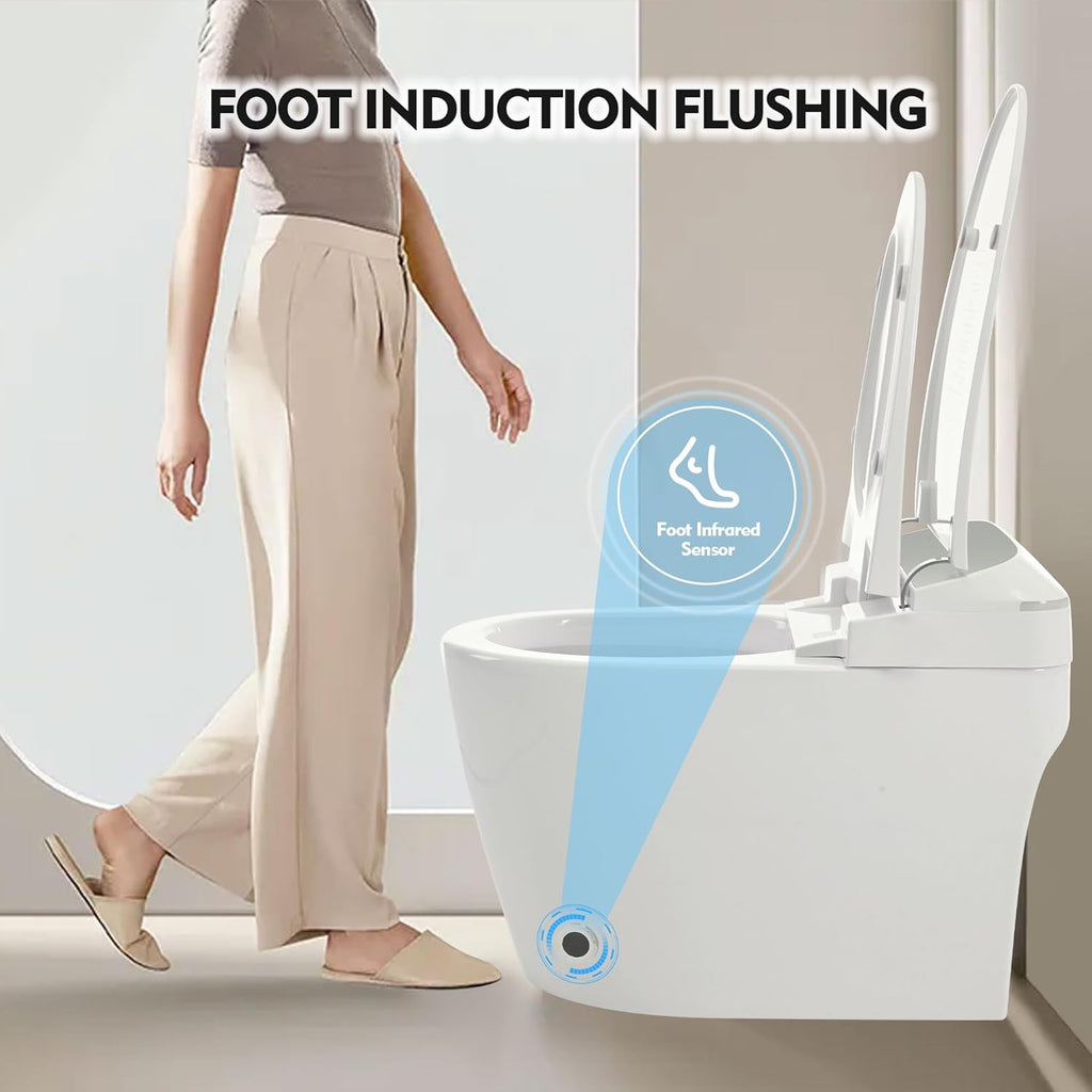 Heated Seat Smart Toilet, One Piece Toilet, Automatic Flush Tank Less Toilet without Bidet, with Foot sensor Flush