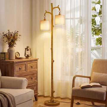 Farmhouse Floor Lamp - 69" Rustic Tree Trunk Standing Lamps - Country Resin Tall Lamp with 2 Reading Light - Tree