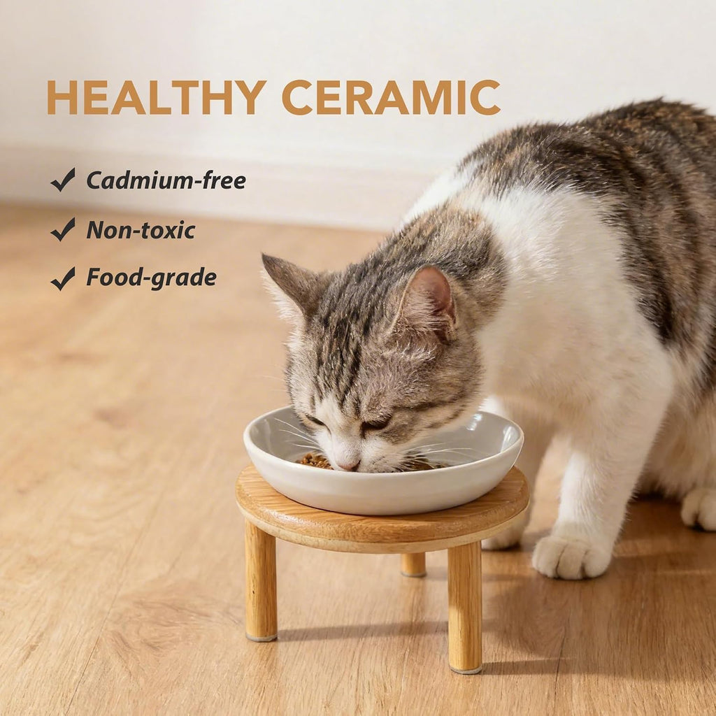 Elevated Cat Bowls, Ceramic Cat Bowl with Bamboo Stand Wide Opening