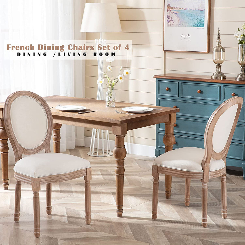French Country Dining Chairs Set of 4, Farmhouse Fabric Chairs with Round Back, Solid Wood Legs, Oval Side Chairs