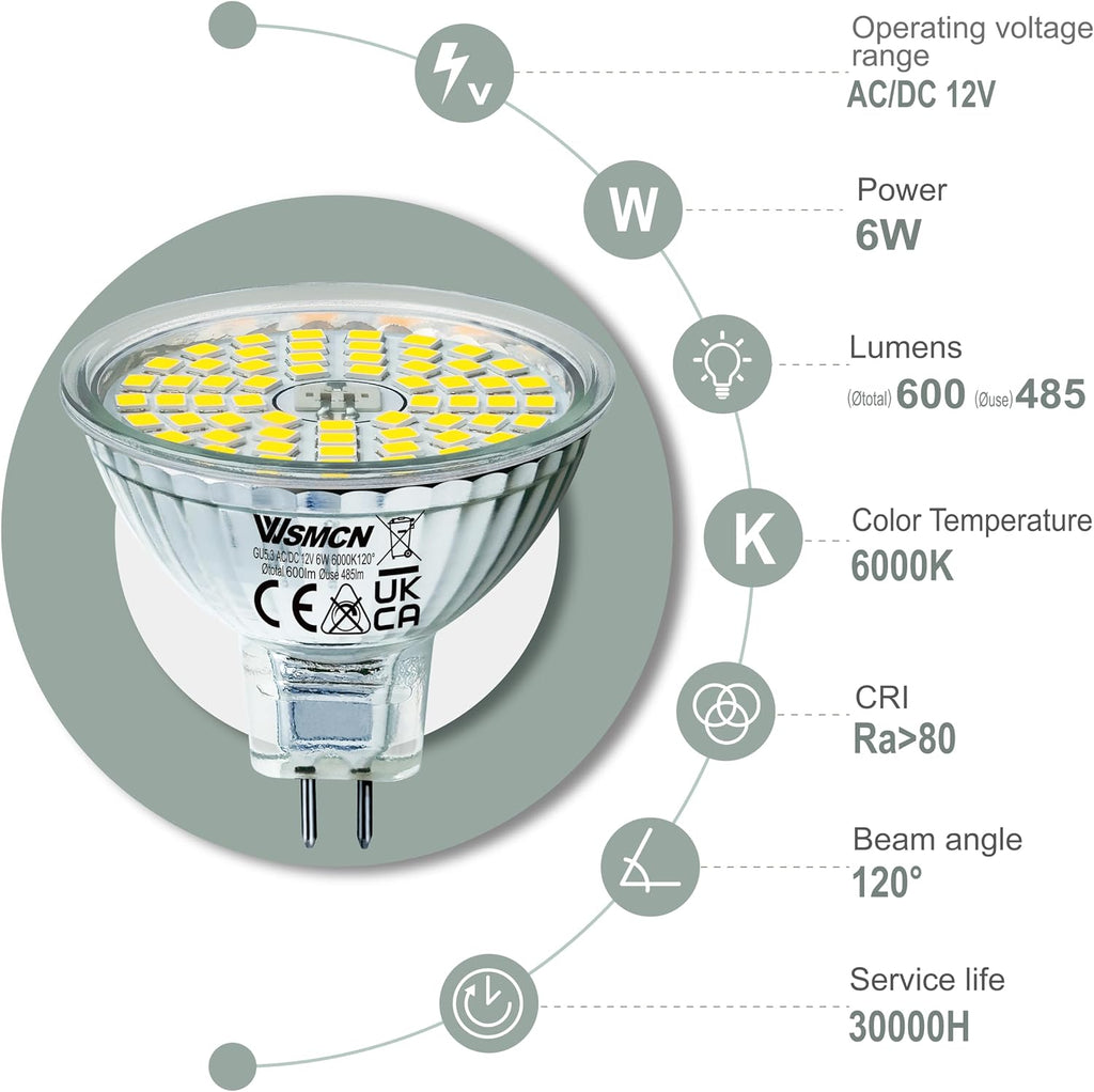 MR16 GU5.3 LED Bulbs 6W Replace 60W Halogen Equivalent 6000K Cool White 485Lm, 12V Low Voltage Non-Dimmable 120°