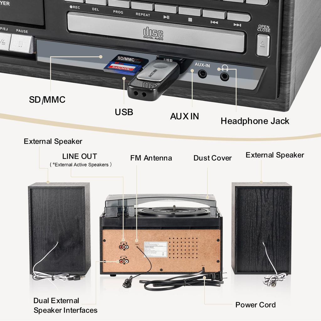 Record Player 10-in-1 Classic Black Music Console with External Stereo Speakers, Bluetooth Receiver/Transmitter