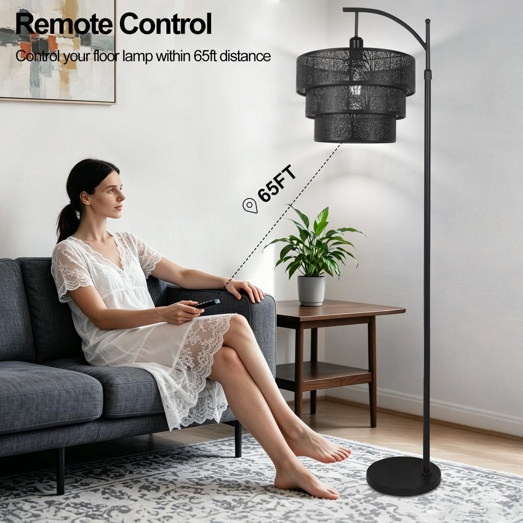 Arc Floor Lamp Bedroom, Mid-Century Modern Floor Lamps with Remote, Black Dimmable Standing Tall Lamp for Corner