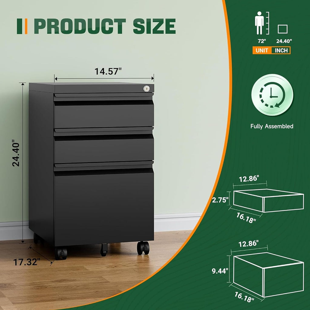 3 Drawer Mobile File Cabinet with Lock,Under Desk Metal Filing Cabinets Organizer Letters/Legal/A4((Fully