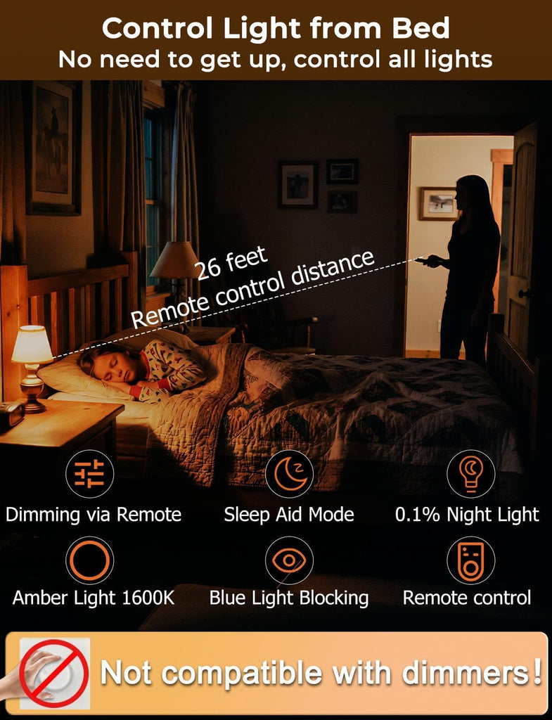 LED Sleep Amber Light Bulbs with Remote Control, 1600K E26 Circadian Light Bulb A15, 5W(40W Equivalent) for Sleep