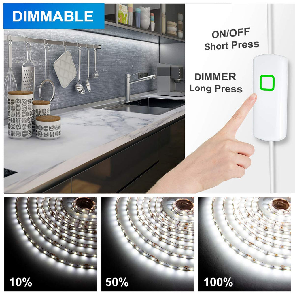 50FT White LED Strip Lights, Dimmable LED Tape Light 6500K Bright Daylight White, Flexible Under Cabinet Lights
