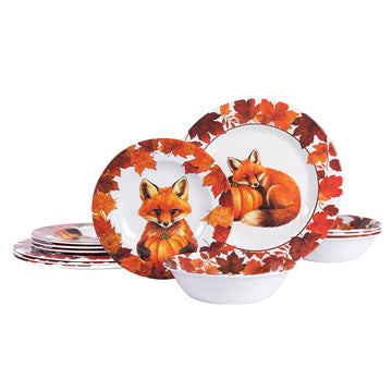 Melamine Dinnerware Set 12Pcs,Melamine Plates and Bowls Fall Fox