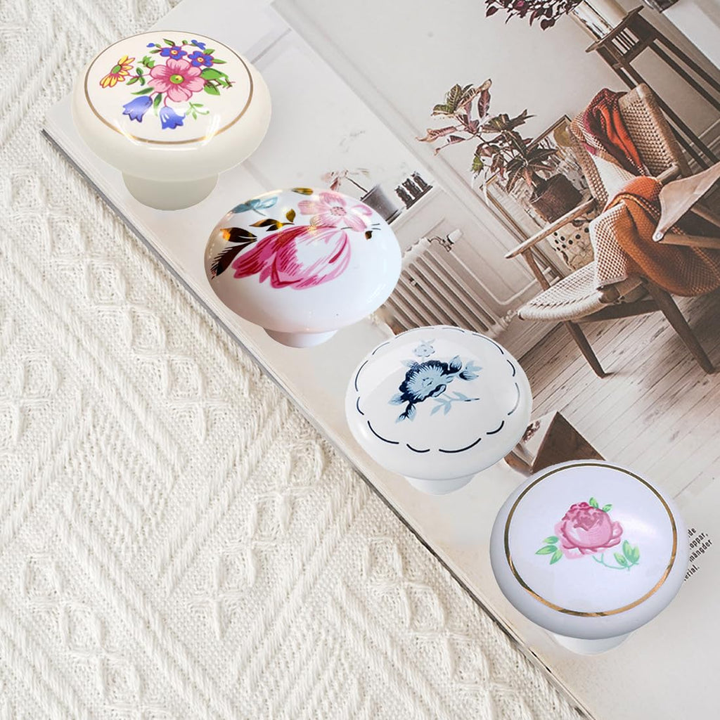 Ceramic Hand Painted Drawer Knobs, [4 Pack] Vintage Flower Painted Cabinet Knobs and Pulls, Kitchen Furniture Knobs